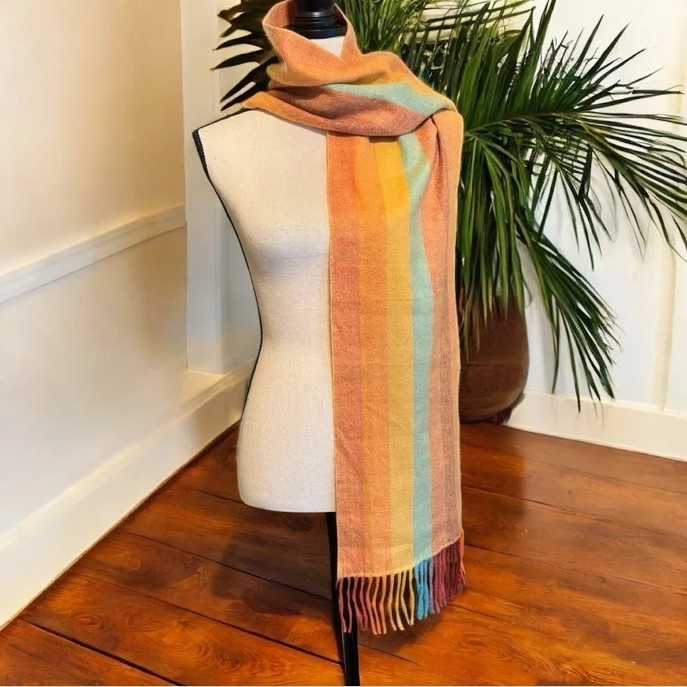 VINTAGE 100% Cashmere Striped Scarf – Made in England – 11.5” x 71”